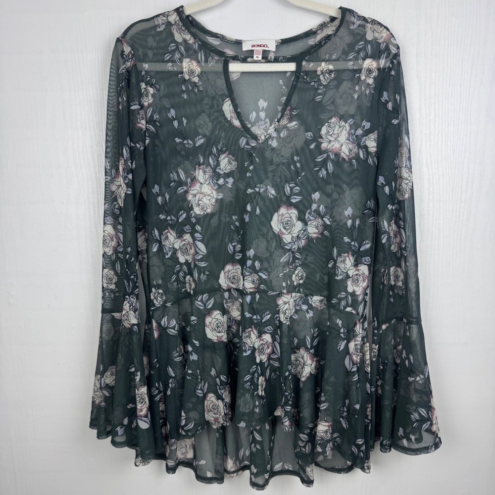 Bongo Floral Mesh Bell Boho Sleeve V Neck Peplum Women Top Size‎ XL